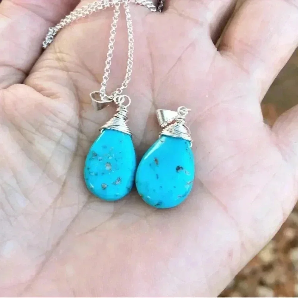 Turquoise Pendant, Blue Pendant , Real Turquoise Gemstones, Matrix Turquoise - Picture 1 of 5